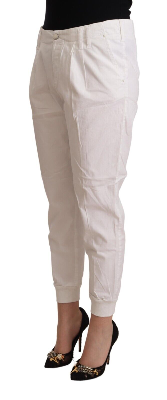 Met White Cotton Mid Waist Tapered Cropped Pants - Fizigo