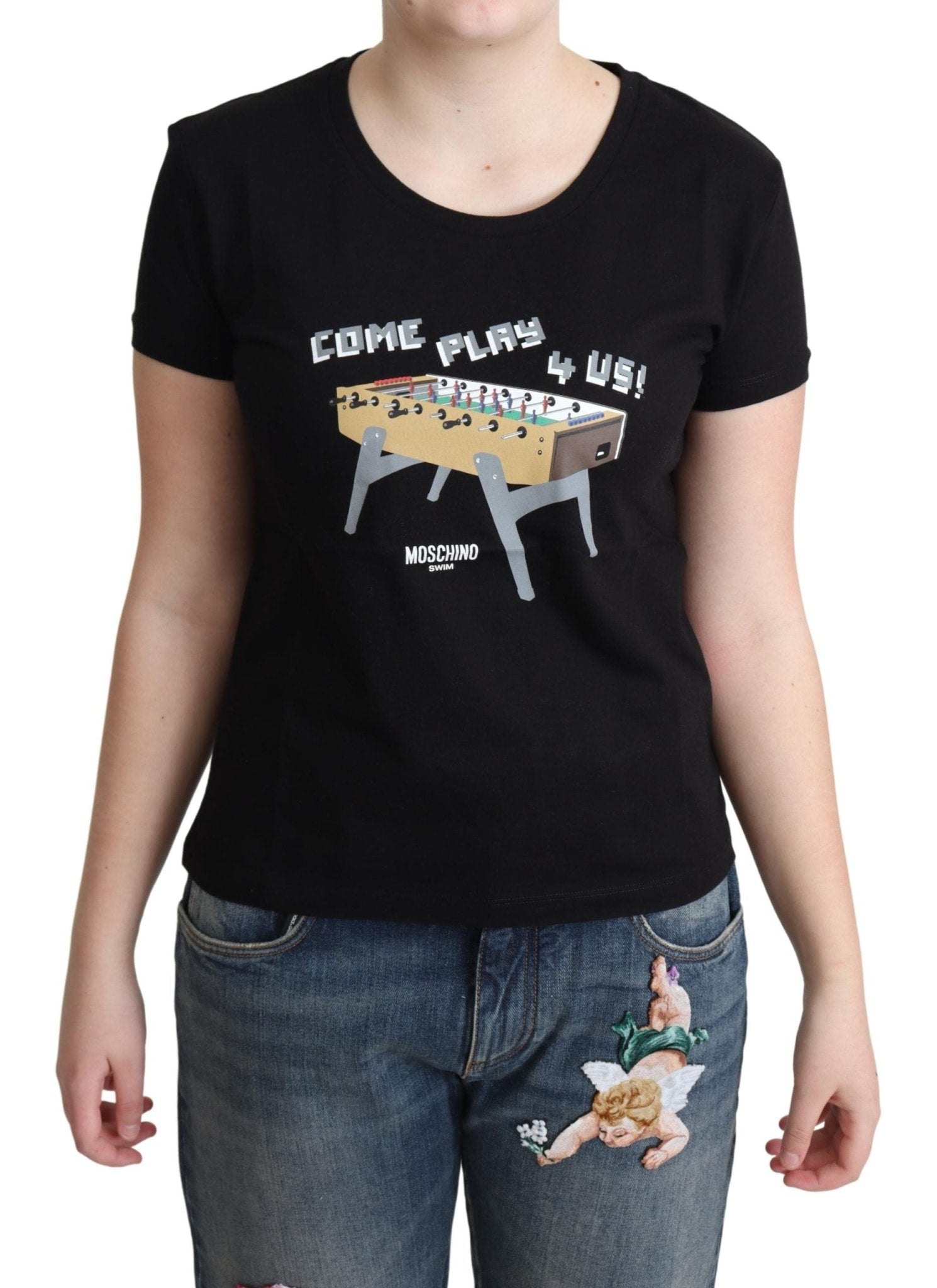 Moschino Black Cotton Come Play 4 Us Print Tops T-shirt - Fizigo
