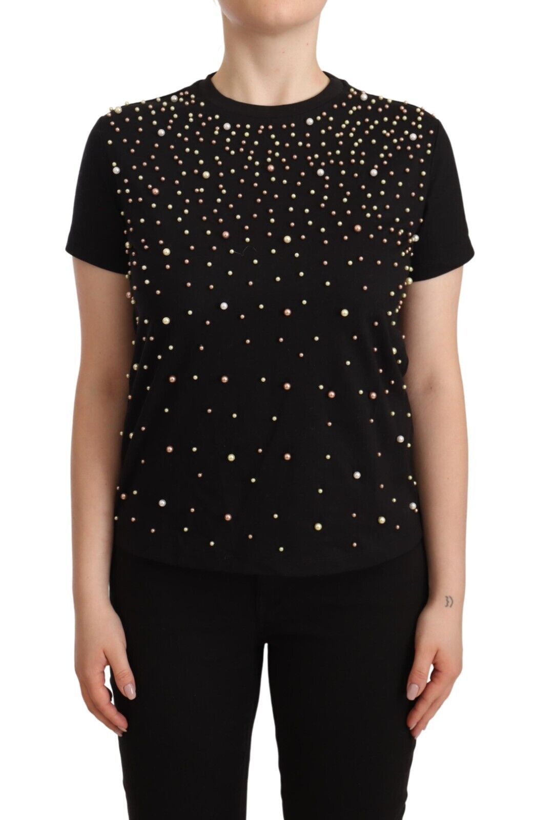 PINKO Black Cotton Short Sleeves Embellished T-shirt Jersey Top - Fizigo
