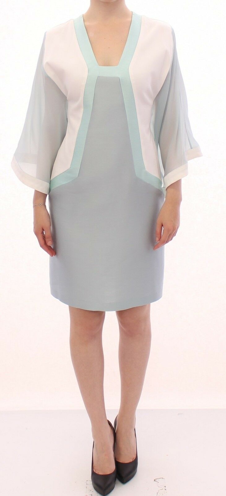 Sergei Grinko White Silk Sheath Formal Turquoise Dress - Fizigo